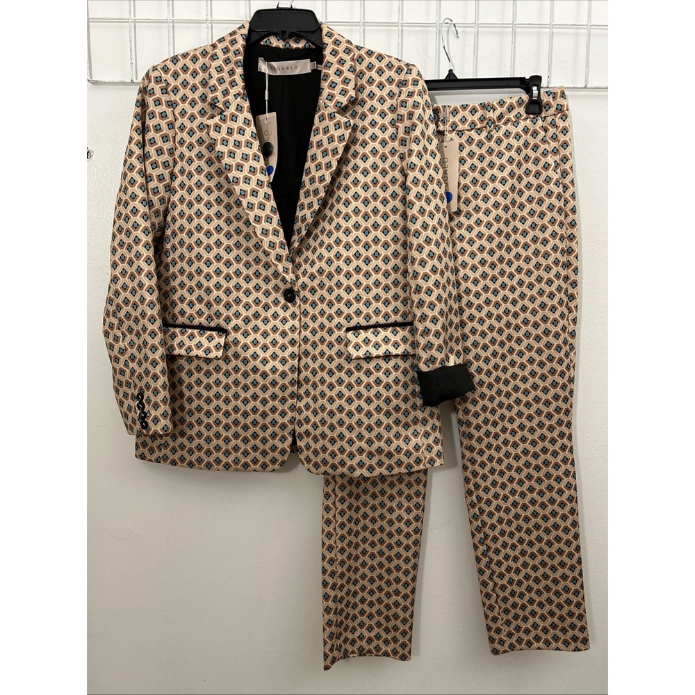 ESQUALO Women M 2 Pc Pantsuit Tan Blue Black Business Office 3886